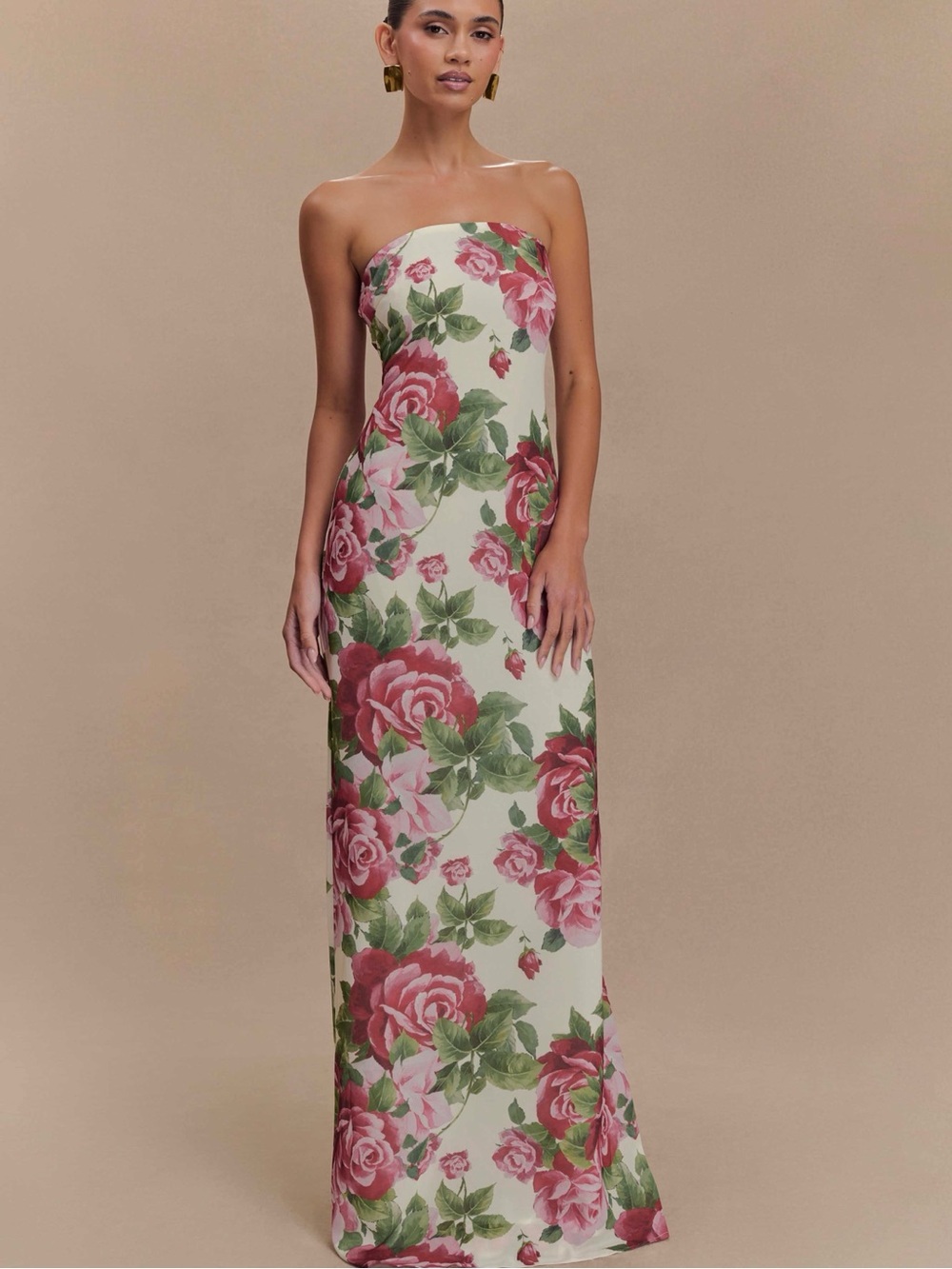 Meshki Strapless Floral Maxi Dress in Cream, Pink & Green